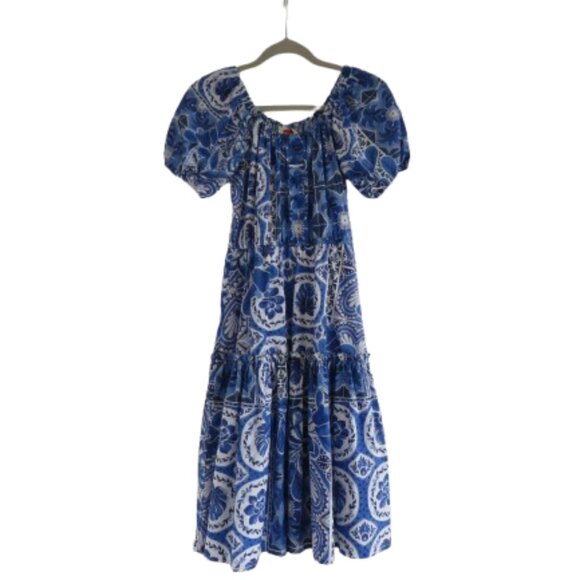 FARM RIO Tile Dream Tiered Puff Sleeve Dress in Blue White Boho Cottage - Size S - Picture 1 of 14